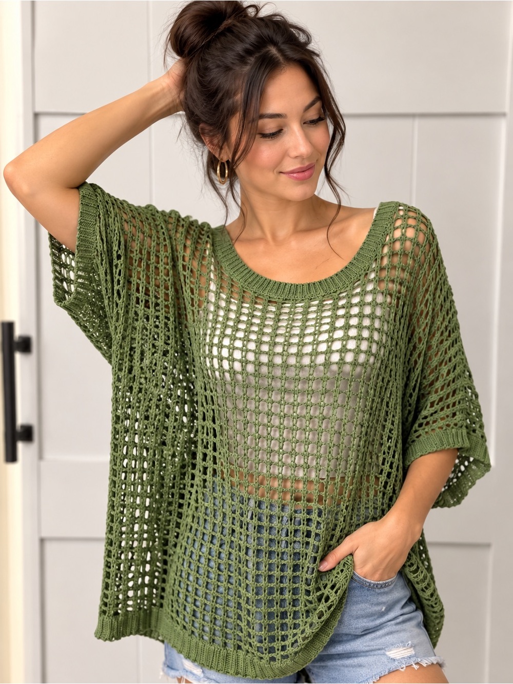 Olive Open-Knit Beach Cover-Up Sweater